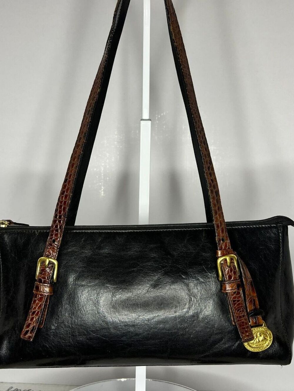 Vintage 90s Brahmin Tuscan Baguette Shoulder Bag Black Pecan Croc Leather